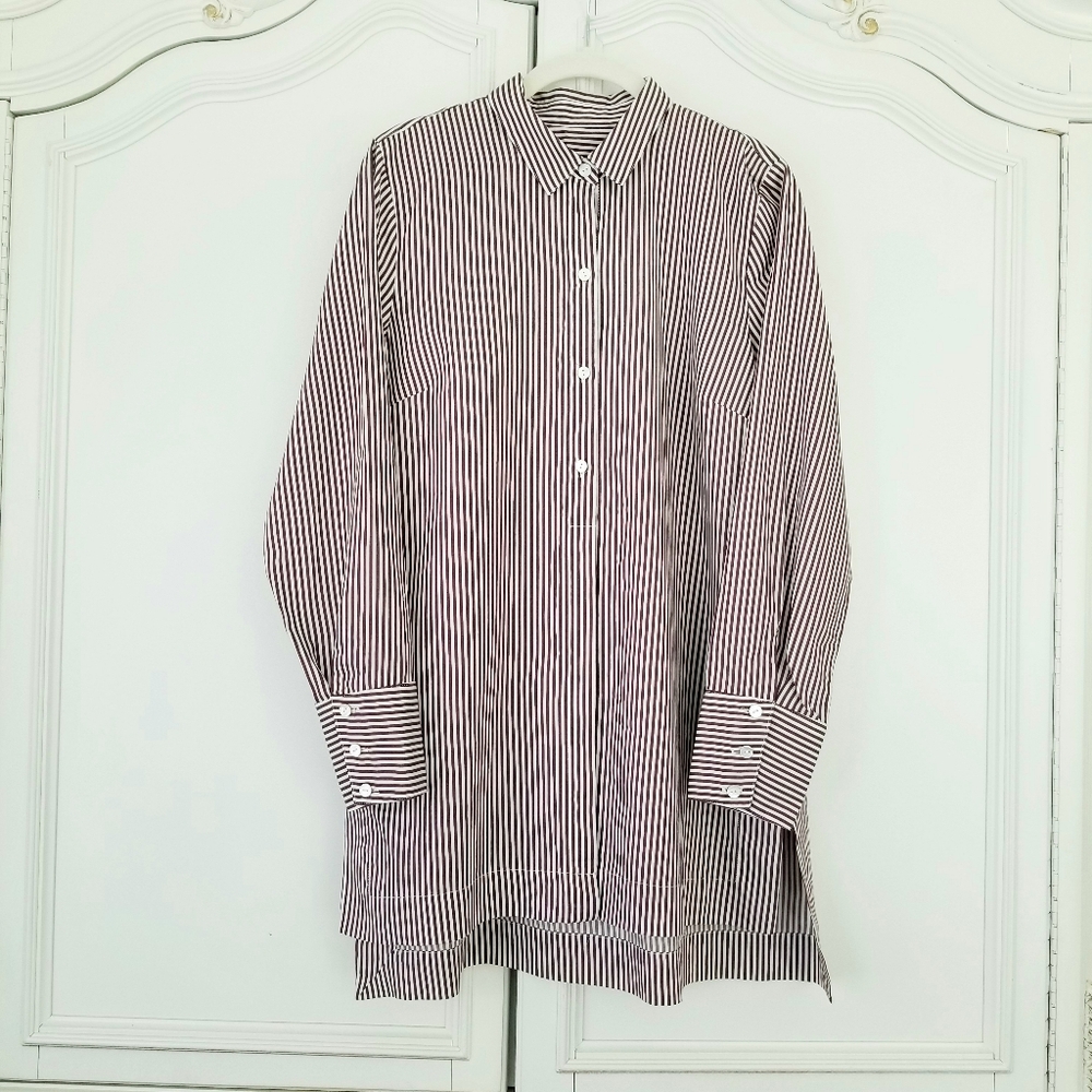 J. Jill Burgundy Stripe Silk Blend Long Sleeve Button Front Tunic Top Small NWT